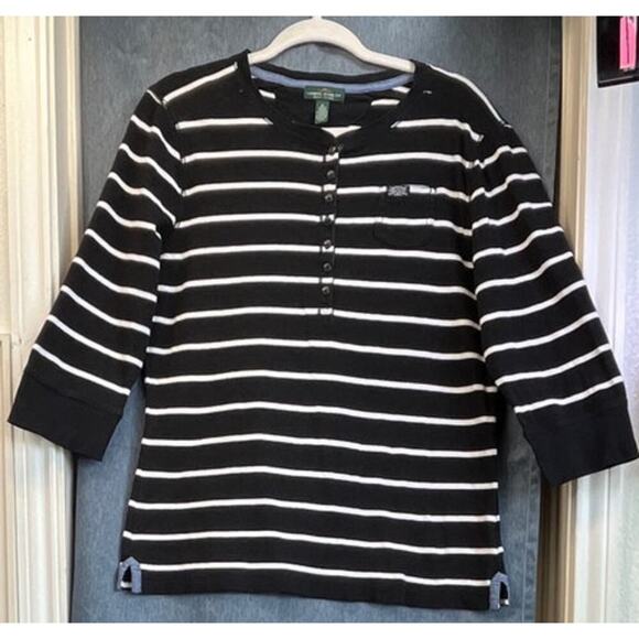 LRL Lauren Jeans Co. Womens XL Black/White 100% Cotton Fitted 3/4Sleeves Logo - Picture 1 of 6